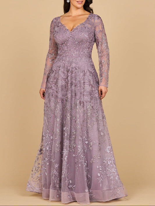 Lara 28878- Long Sleeve V-Neck Ombre Lace Gown - JUSTLUXURY