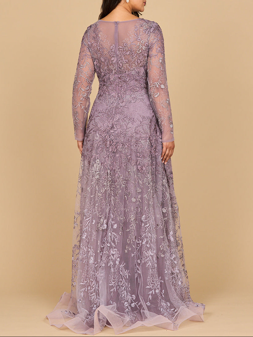 Lara 28878- Long Sleeve V-Neck Ombre Lace Gown - JUSTLUXURY