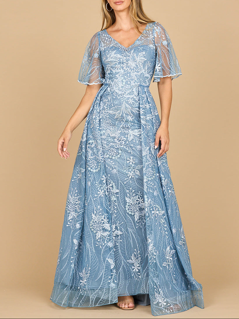Lara 28880- Overskirt Lace Fitted V-Neck Gown with Cape Sleeves - JUSTLUXURY
