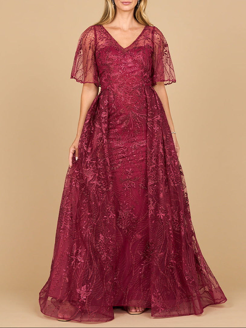 Lara 28880- Overskirt Lace Fitted V-Neck Gown with Cape Sleeves - JUSTLUXURY