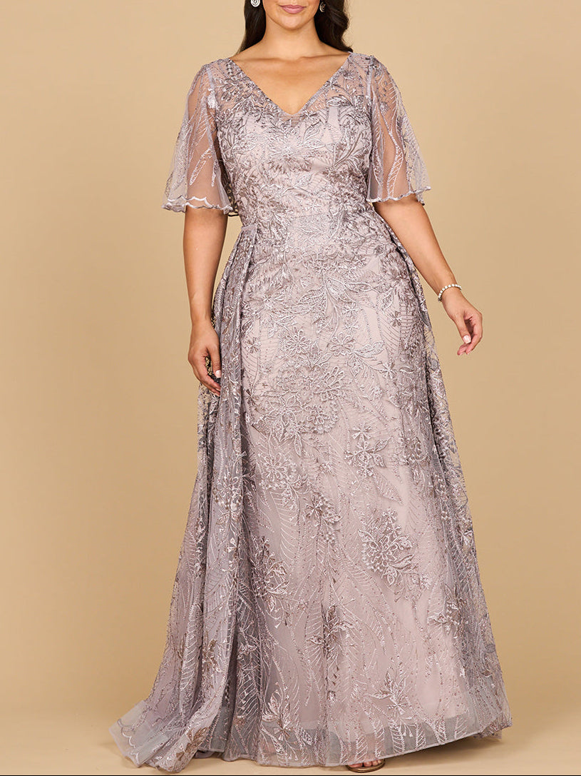 Lara 28880- Overskirt Lace Fitted V-Neck Gown with Cape Sleeves - JUSTLUXURY