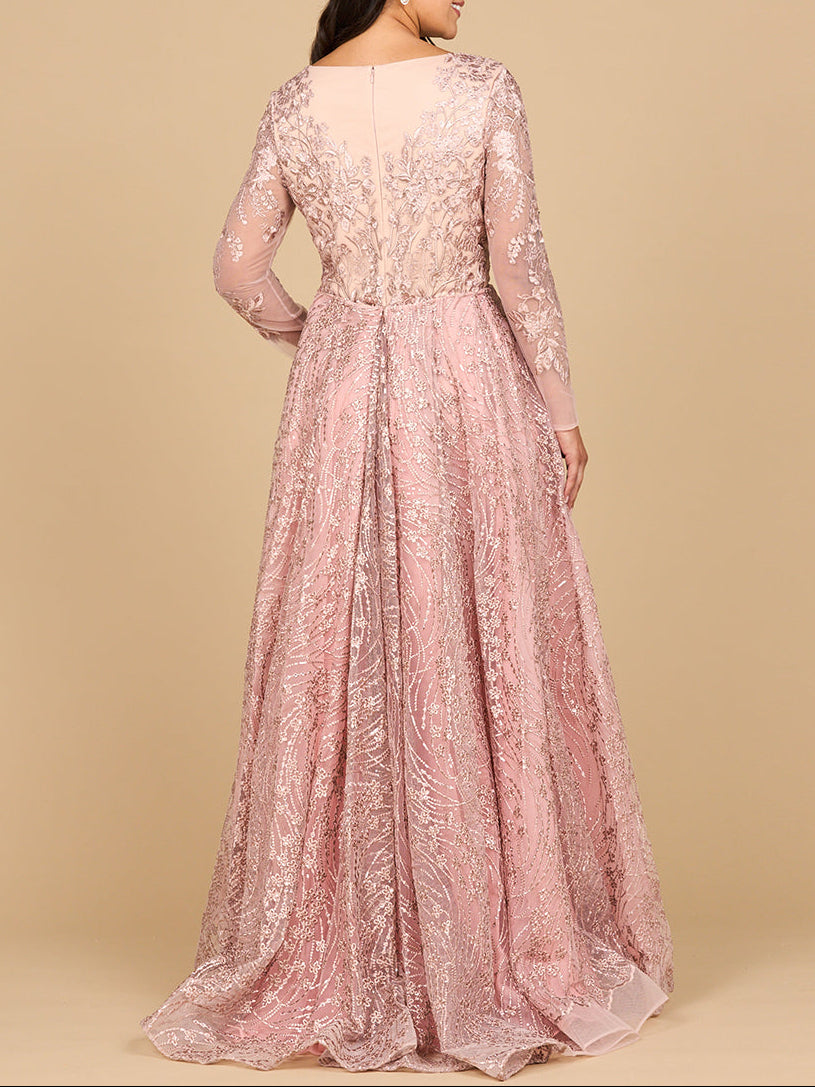 Long Sleeve Gown with Overskirt & Illusion Neckline - JUSTLUXURY