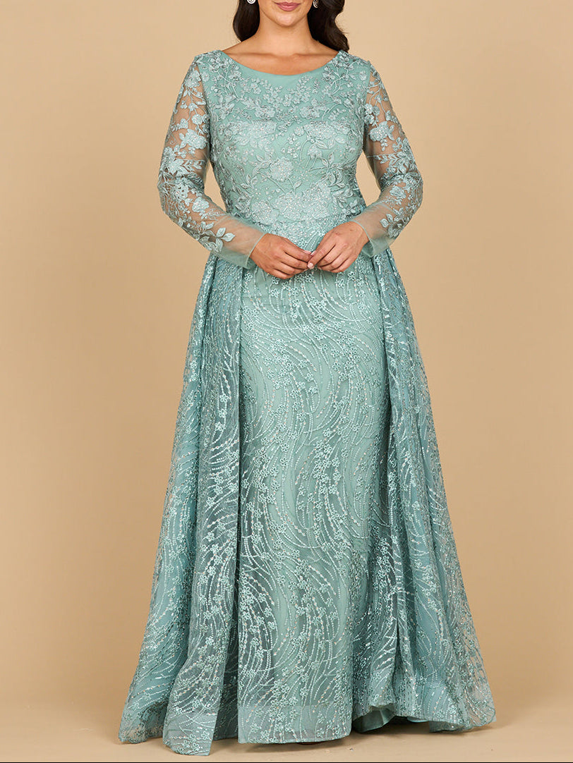Long Sleeve Gown with Overskirt & Illusion Neckline - JUSTLUXURY