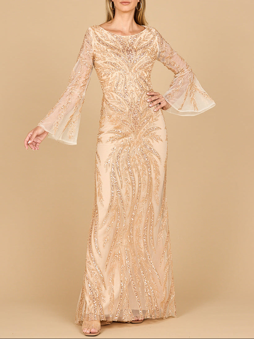 Lara 28887 - High Neck Beaded Dress with Bell Sleeves - JUSTLUXURY