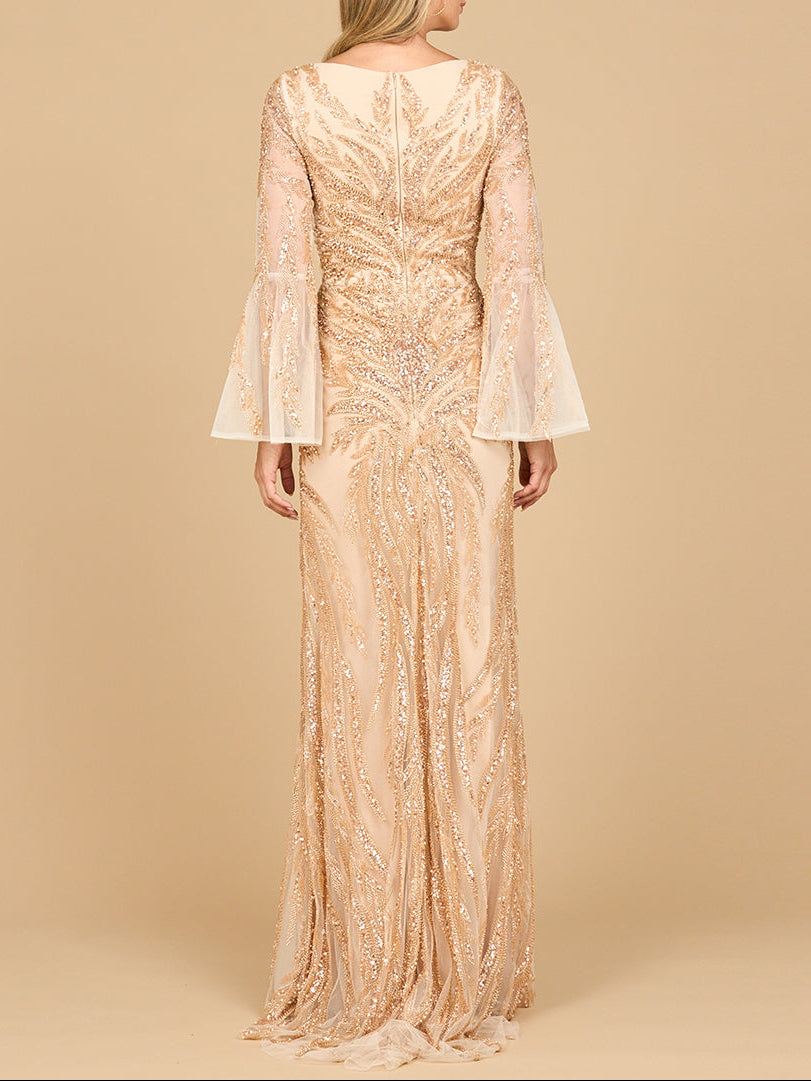 Lara 28887 - High Neck Beaded Dress with Bell Sleeves - JUSTLUXURY