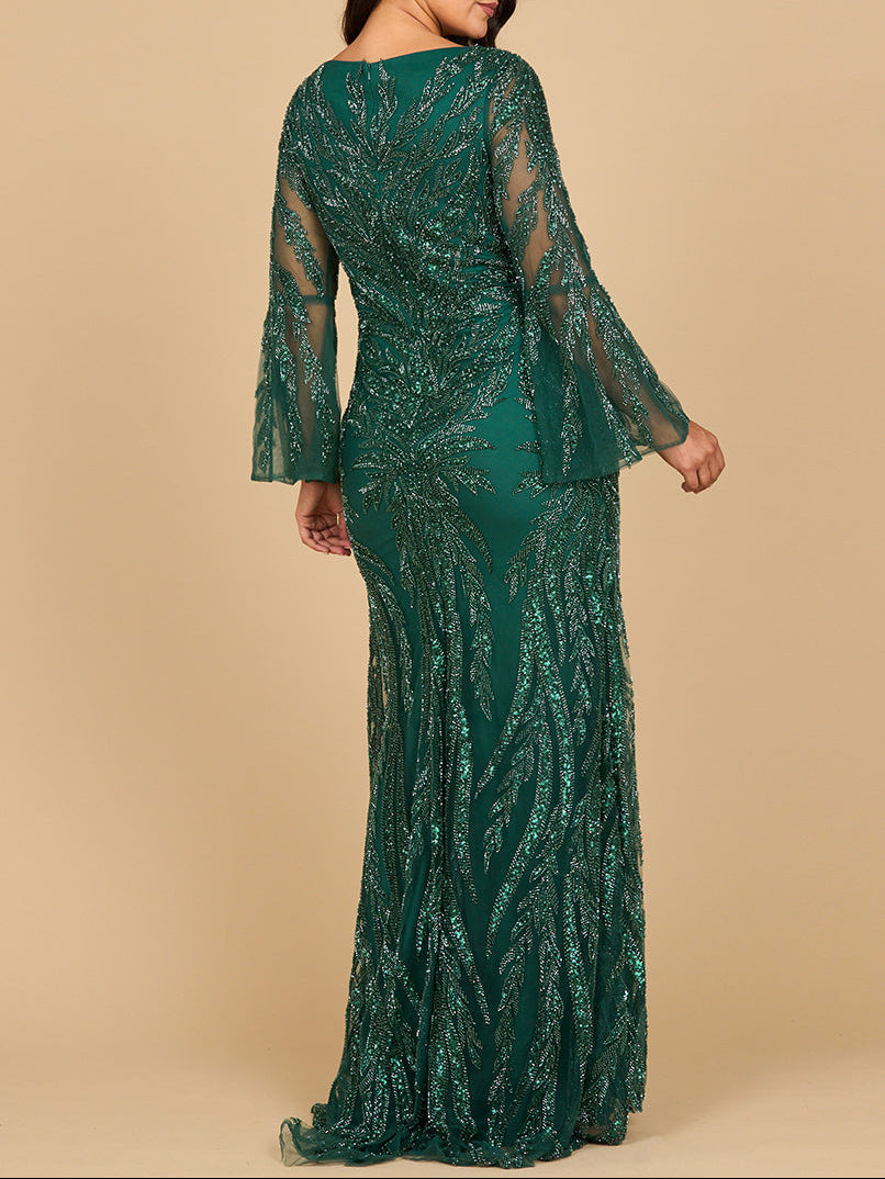 Lara 28887 - High Neck Beaded Dress with Bell Sleeves - JUSTLUXURY