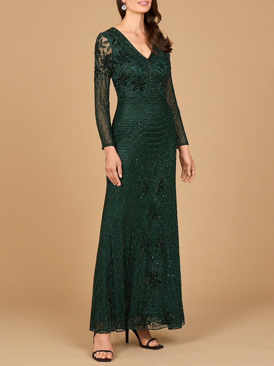 Long Sleeve Beaded Maxi Gown - JUSTLUXURY