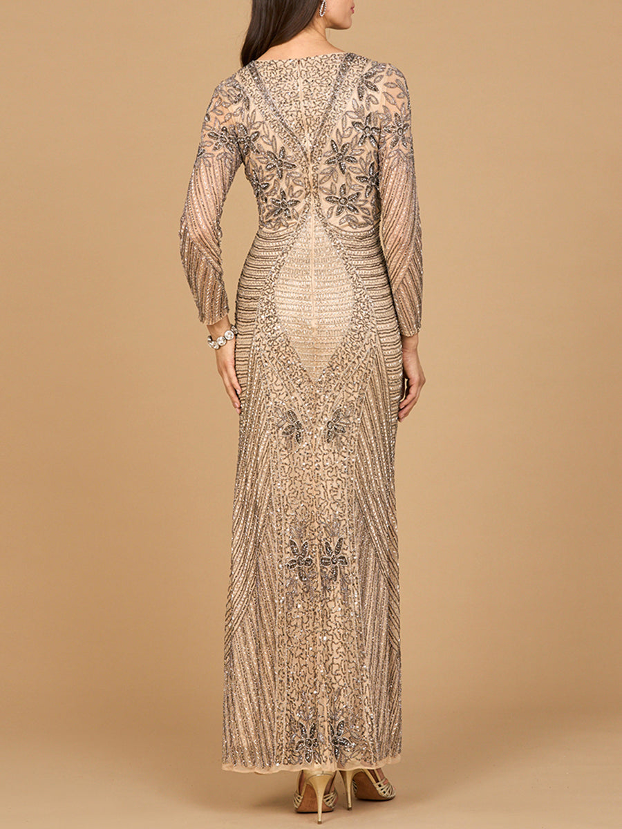 Long Sleeve Beaded Maxi Gown - JUSTLUXURY