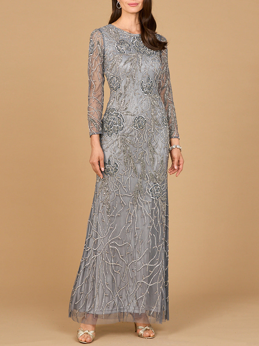 High Neck, Long Sleeve Beaded Gown | 28889 - JUSTLUXURY