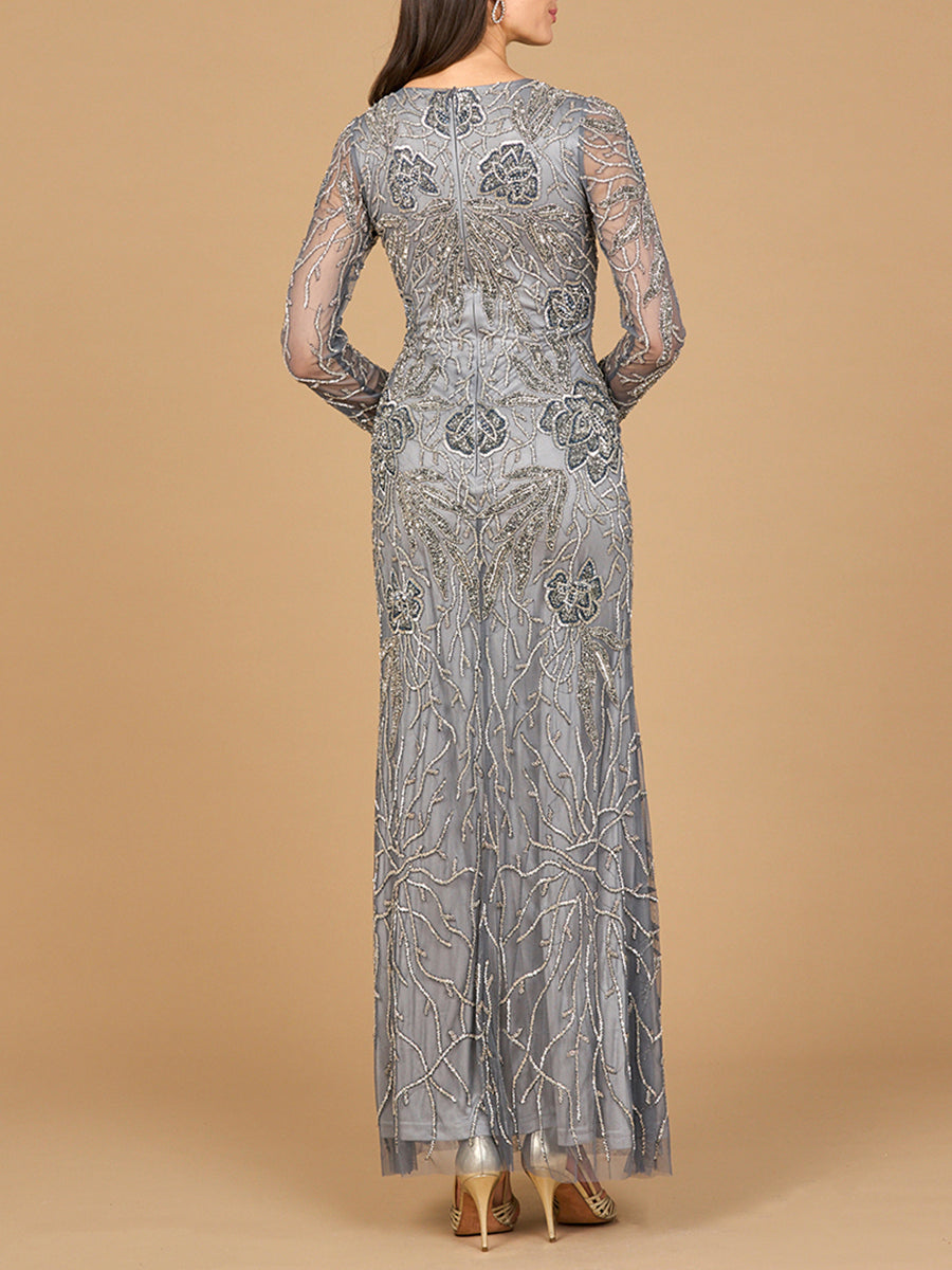 High Neck, Long Sleeve Beaded Gown | 28889 - JUSTLUXURY
