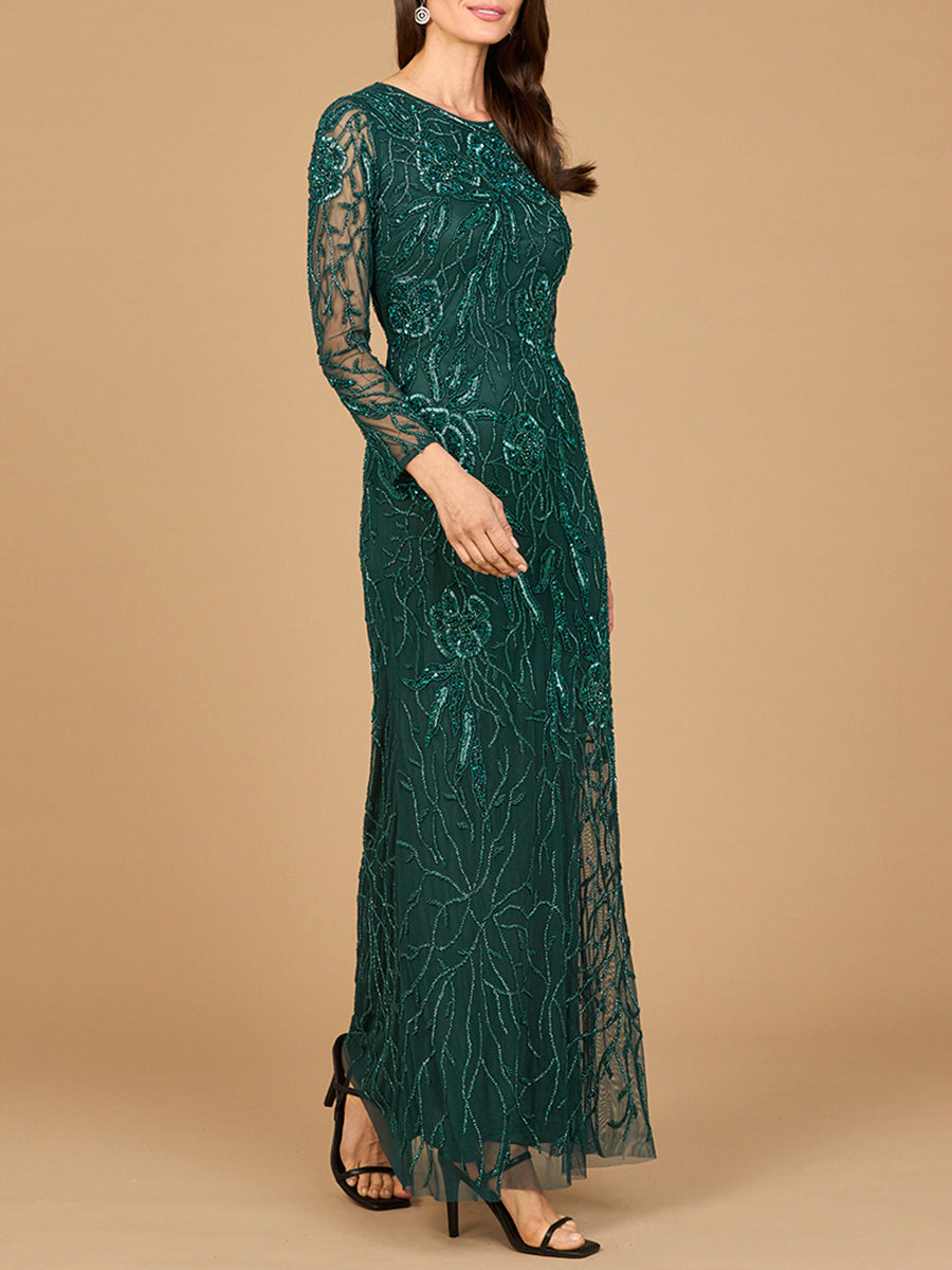 High Neck, Long Sleeve Beaded Gown | 28889 - JUSTLUXURY