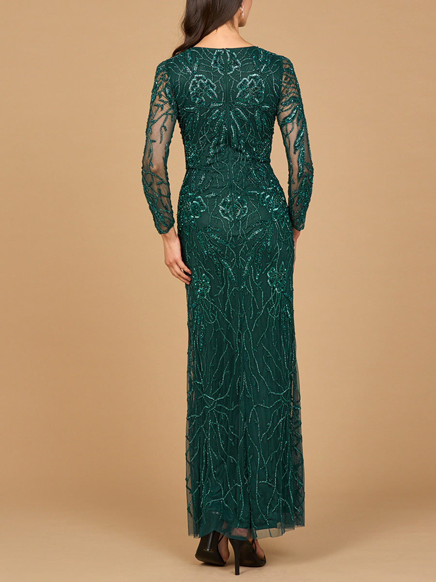 High Neck, Long Sleeve Beaded Gown | 28889 - JUSTLUXURY