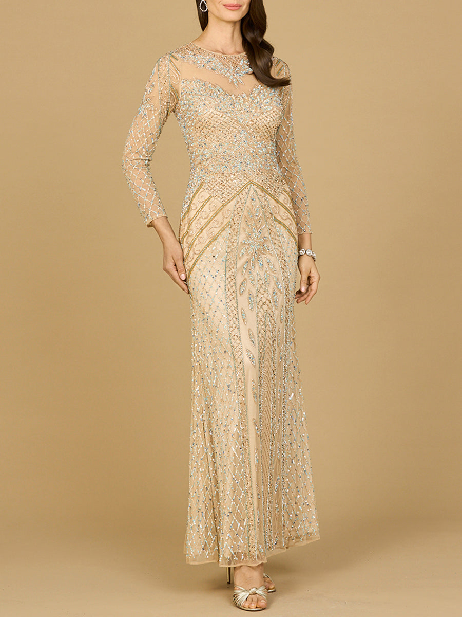 Illusion Neck, Long Sleeve Beaded Gown - JUSTLUXURY