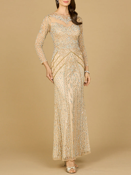 Illusion Neck, Long Sleeve Beaded Gown - JUSTLUXURY