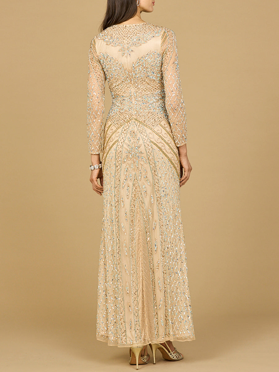 Illusion Neck, Long Sleeve Beaded Gown - JUSTLUXURY