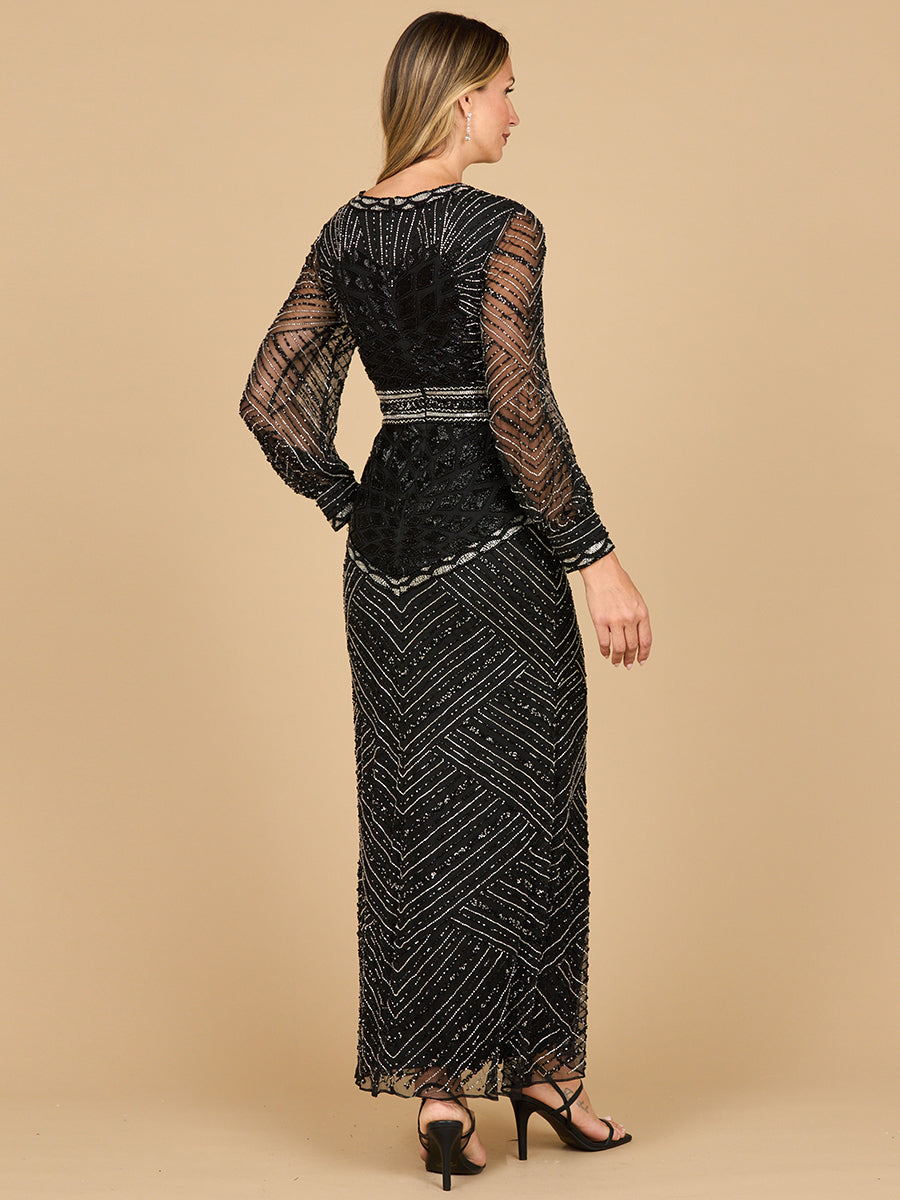 V Neck Beaded Long Sleeve Maxi Dress - JUSTLUXURY