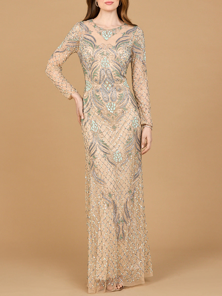 Long Sleeve Beaded Gown - JUSTLUXURY