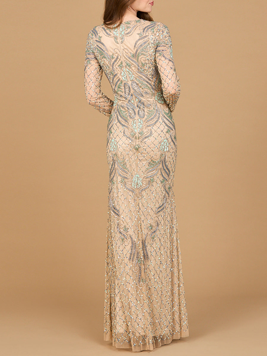 Long Sleeve Beaded Gown - JUSTLUXURY