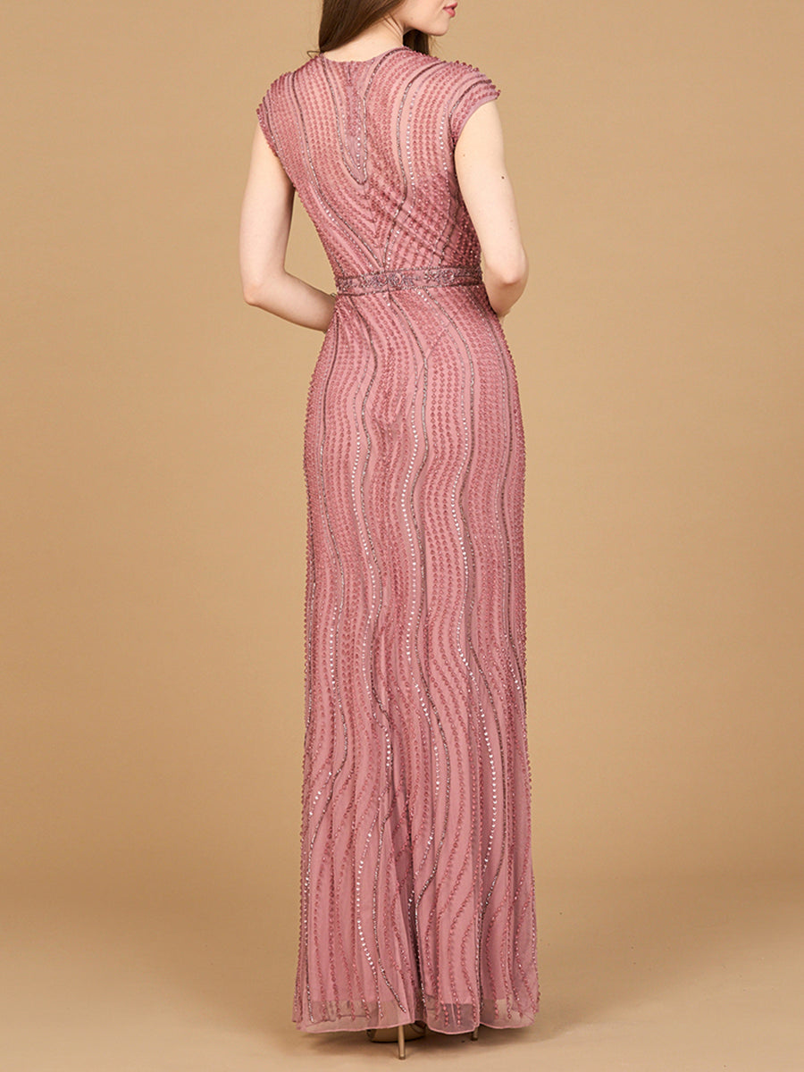 Cap Sleeve, Illusion Neck Beaded Gown - JUSTLUXURY