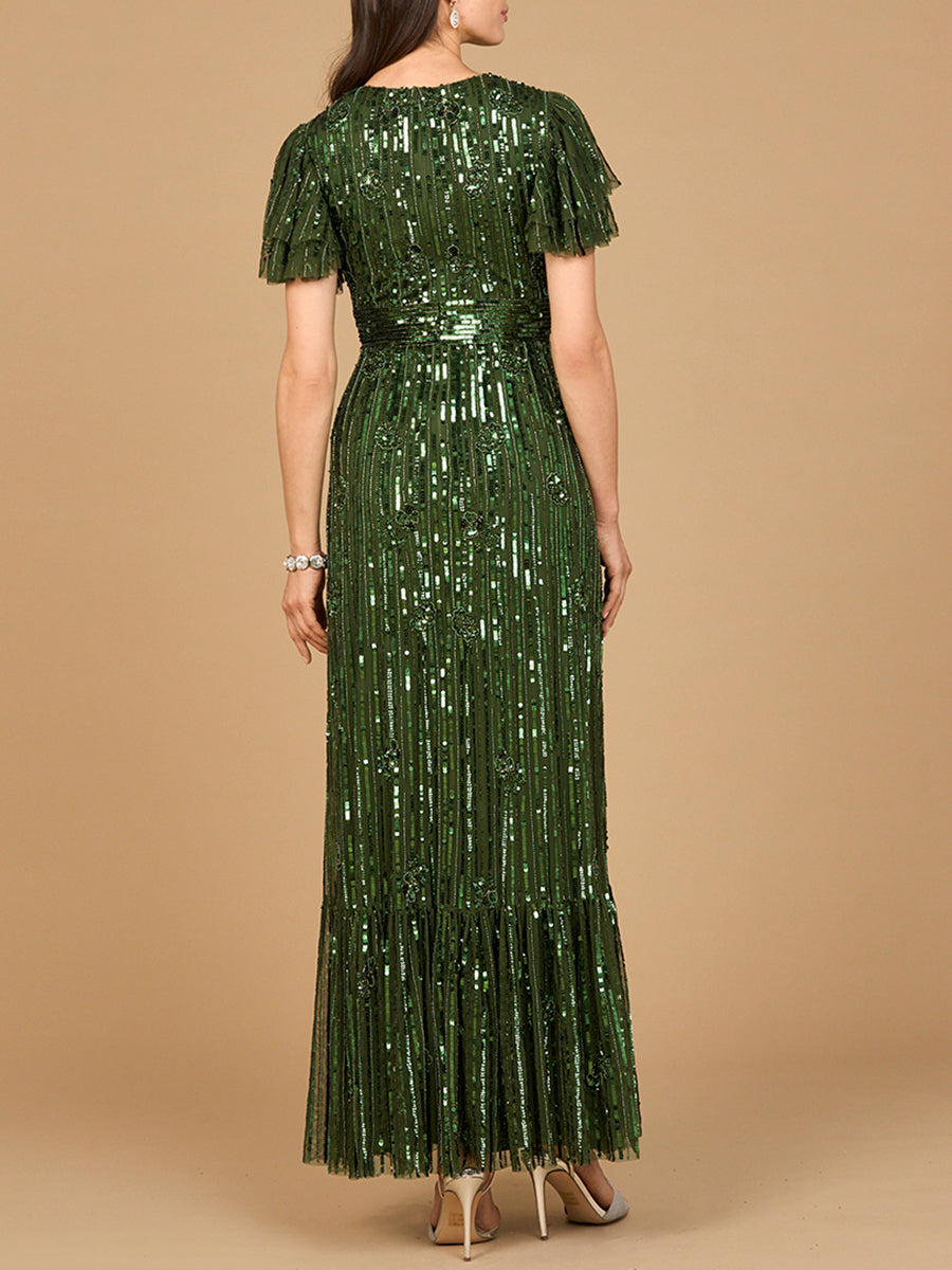Elegant Beaded Gown with Flutter Sleeves - JUSTLUXURY