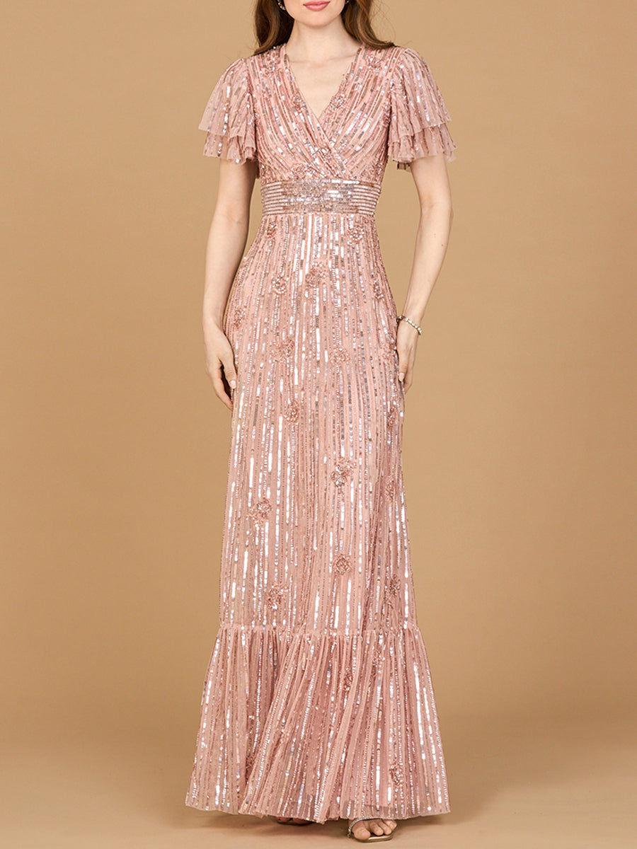 Elegant Beaded Gown with Flutter Sleeves - JUSTLUXURY