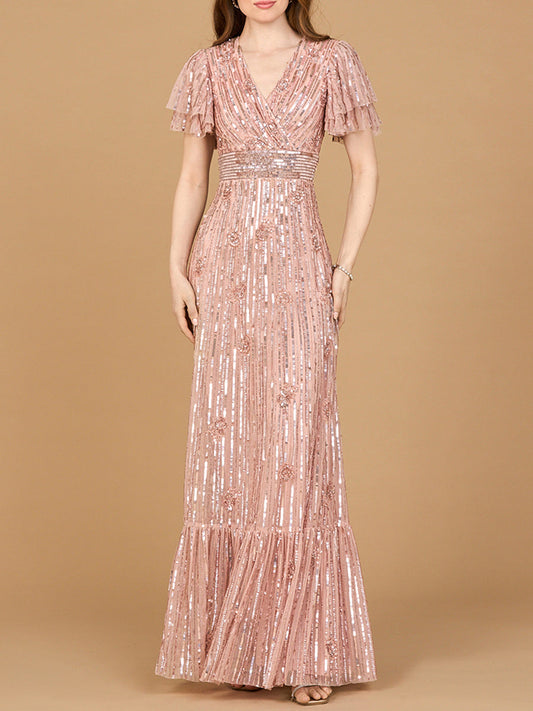 Elegant Beaded Gown with Flutter Sleeves - JUSTLUXURY