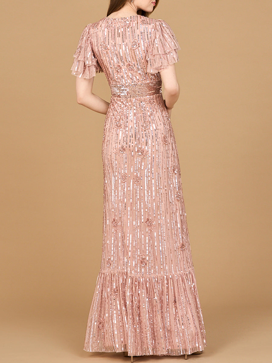 Elegant Beaded Gown with Flutter Sleeves - JUSTLUXURY