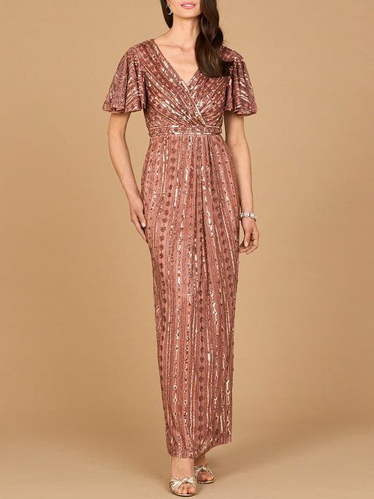 Fully Beaded Gown with Flutter Sleeves - JUSTLUXURY