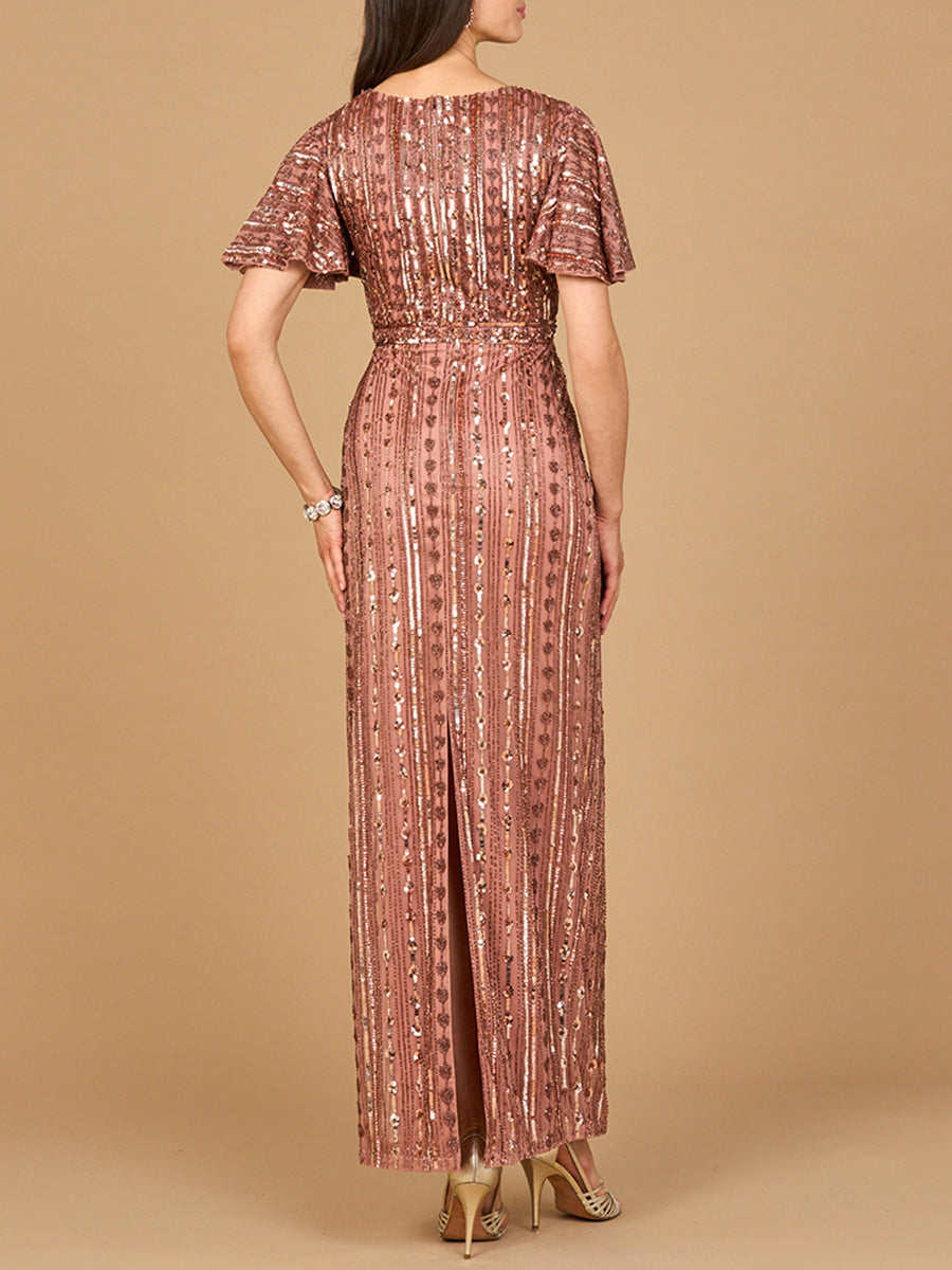 Fully Beaded Gown with Flutter Sleeves - JUSTLUXURY