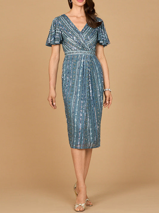 Beaded Midi Dress with Flutter Sleeves - JUSTLUXURY