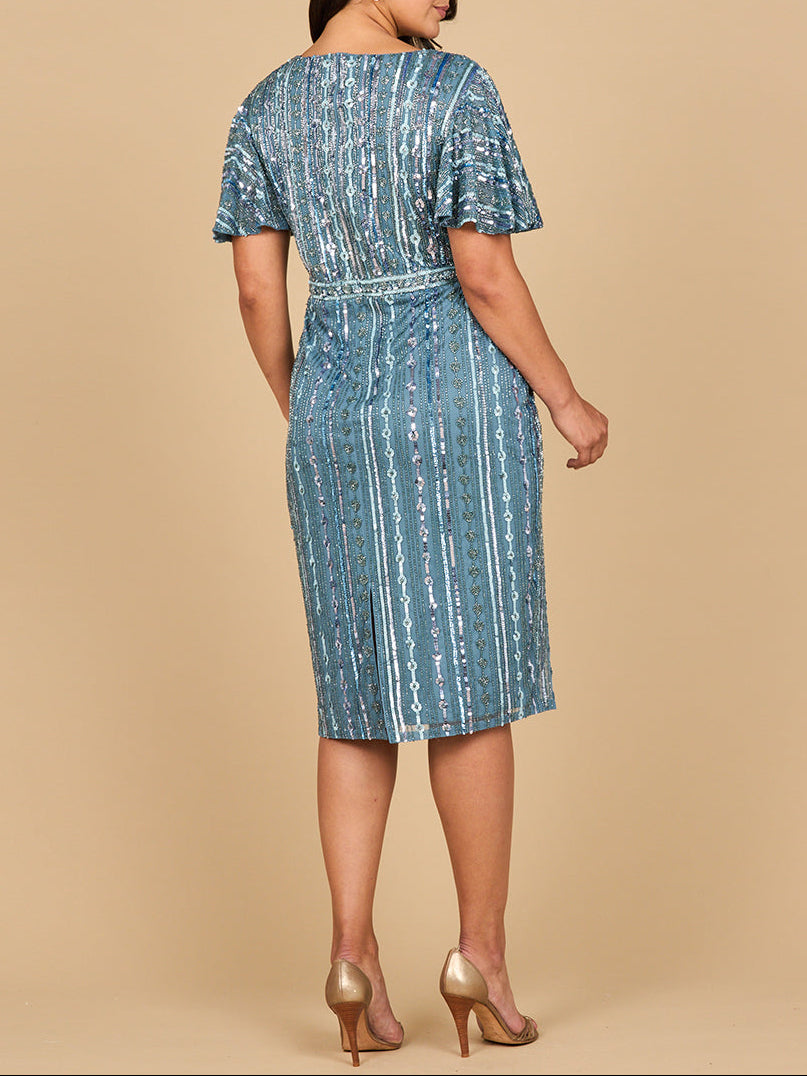 Beaded Midi Dress with Flutter Sleeves - JUSTLUXURY