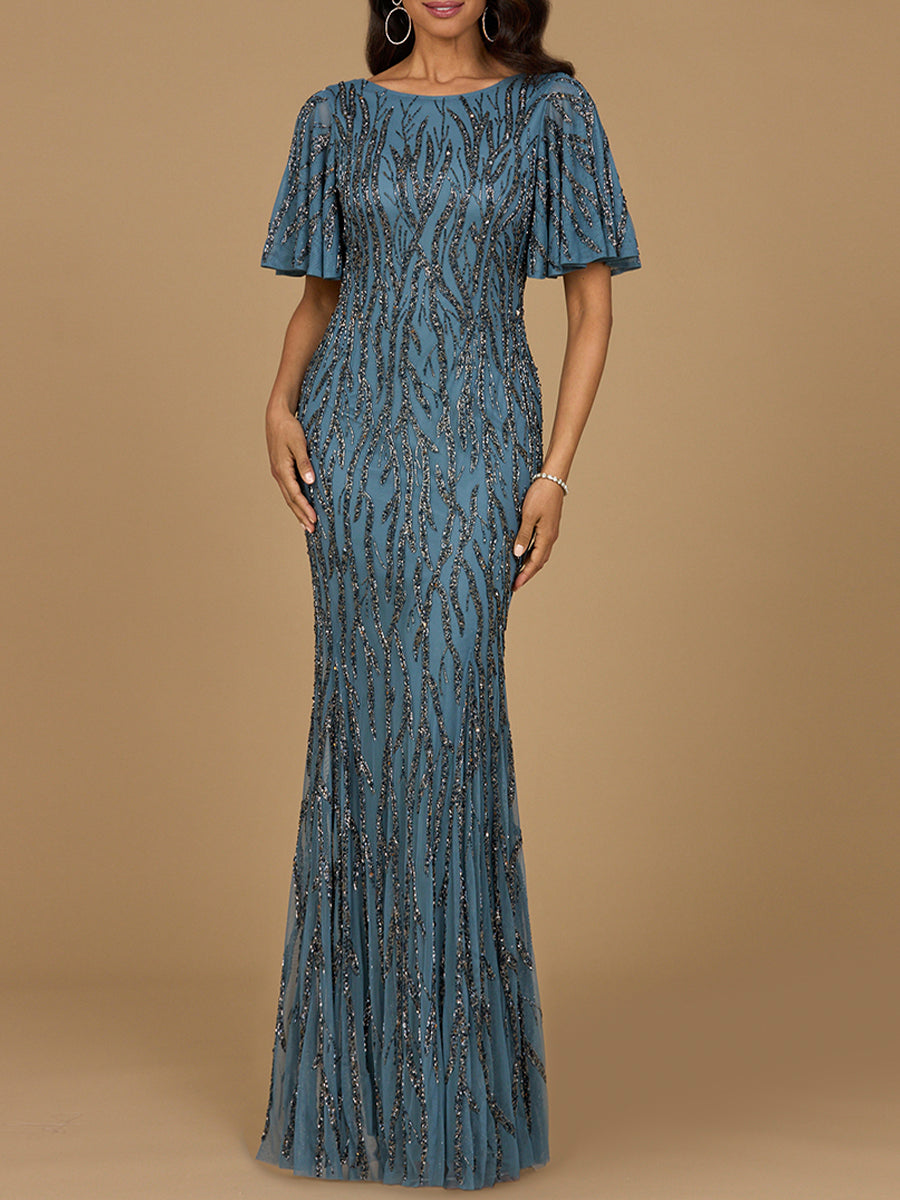 Beaded Gown with Flutter Sleeves - JUSTLUXURY