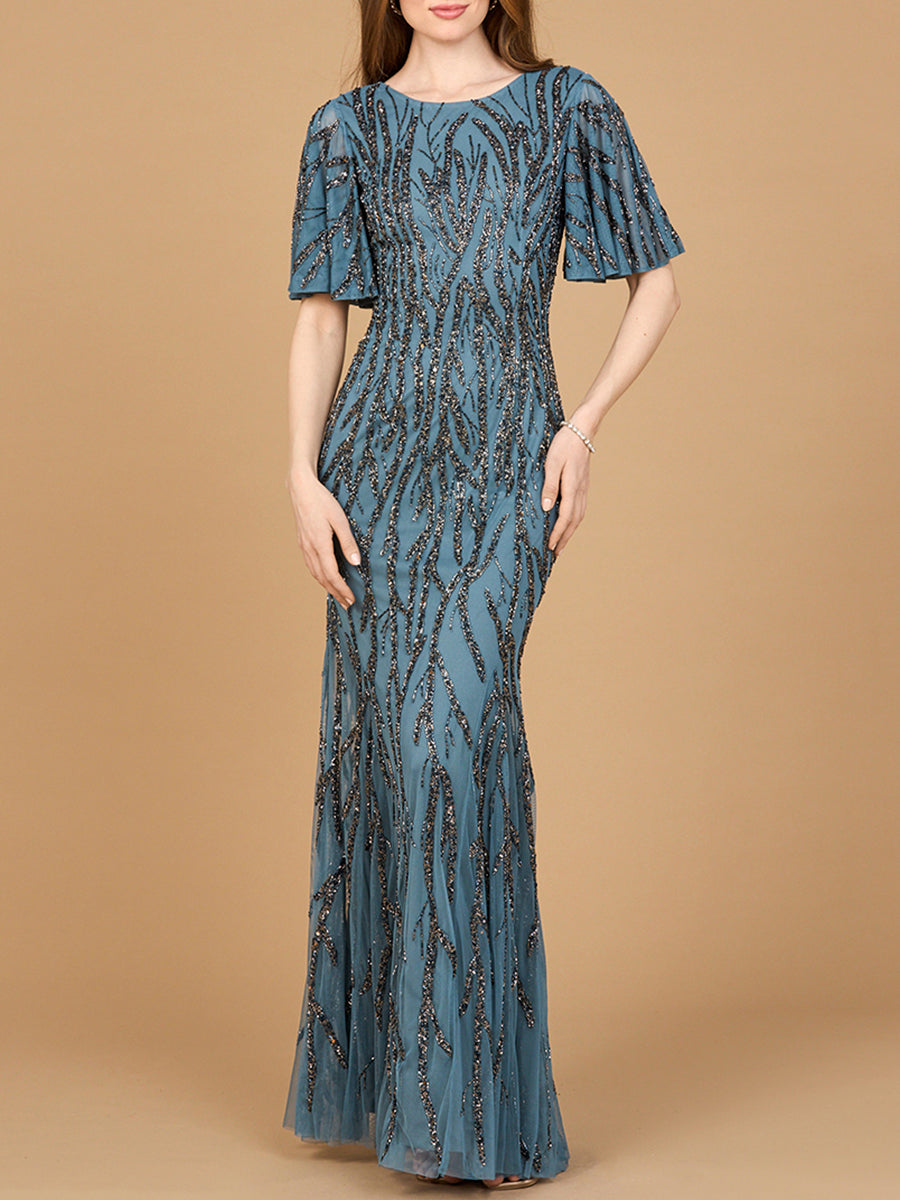 Beaded Gown with Flutter Sleeves - JUSTLUXURY