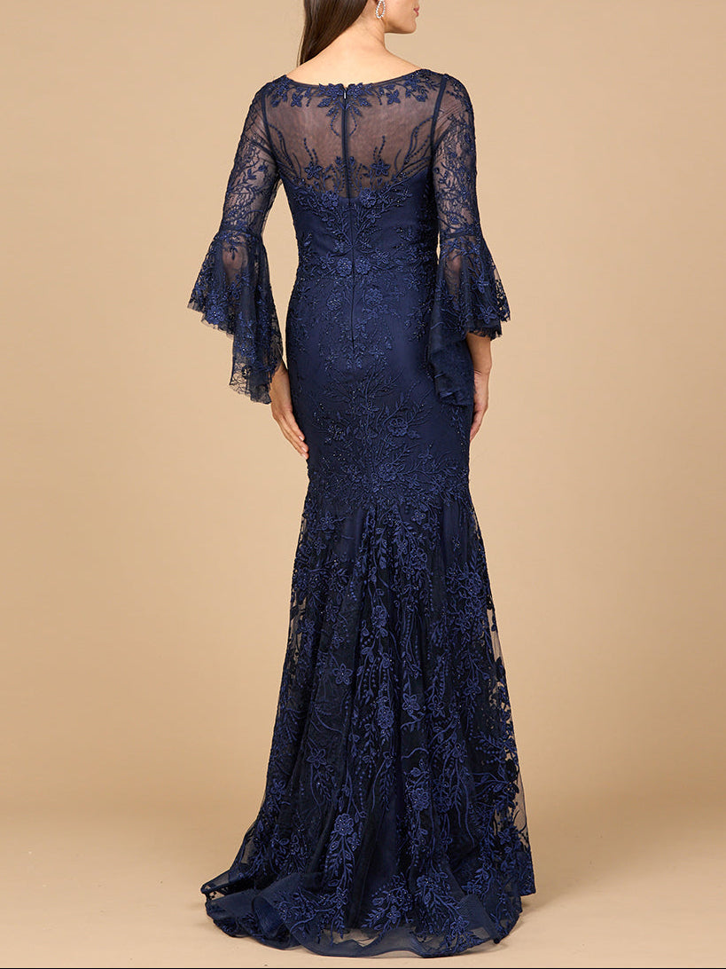 Illusion Neck, Long Bell Sleeve Gown - JUSTLUXURY