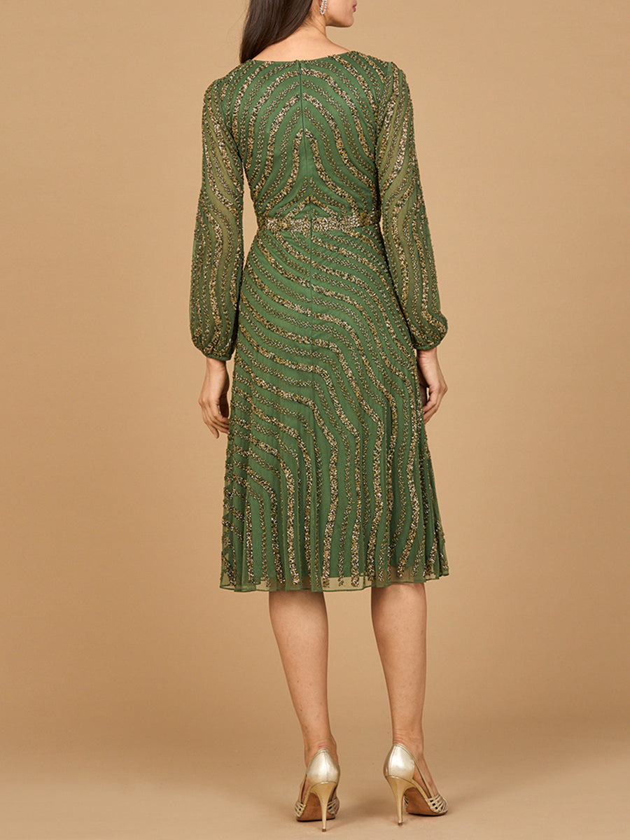 Beaded Midi Dress with Long Sleeves - JUSTLUXURY