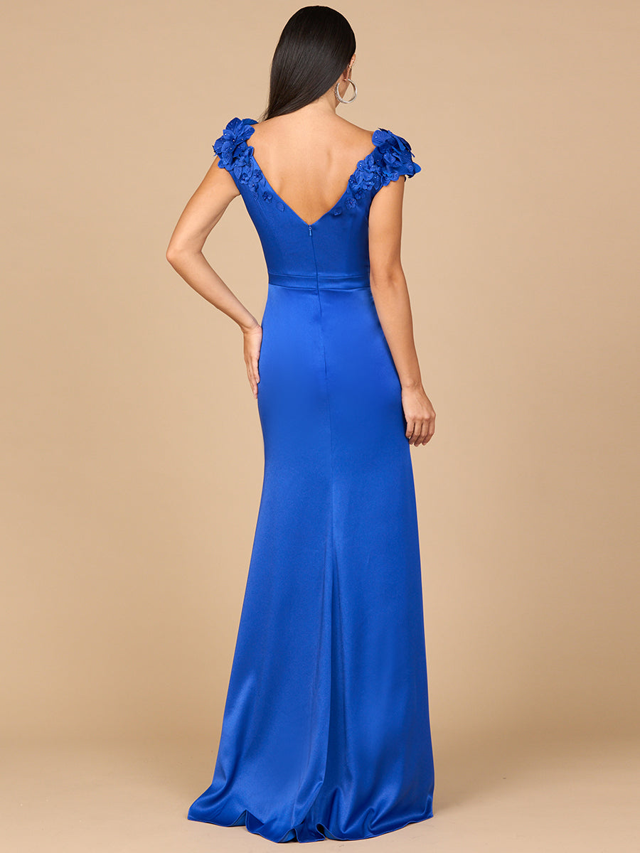 V-Neck, Satin Backed Crepe Gown - JUSTLUXURY
