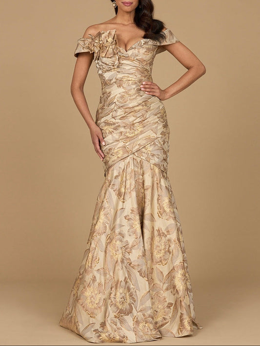 Off Shoulder Brocade Mermaid Gown - JUSTLUXURY