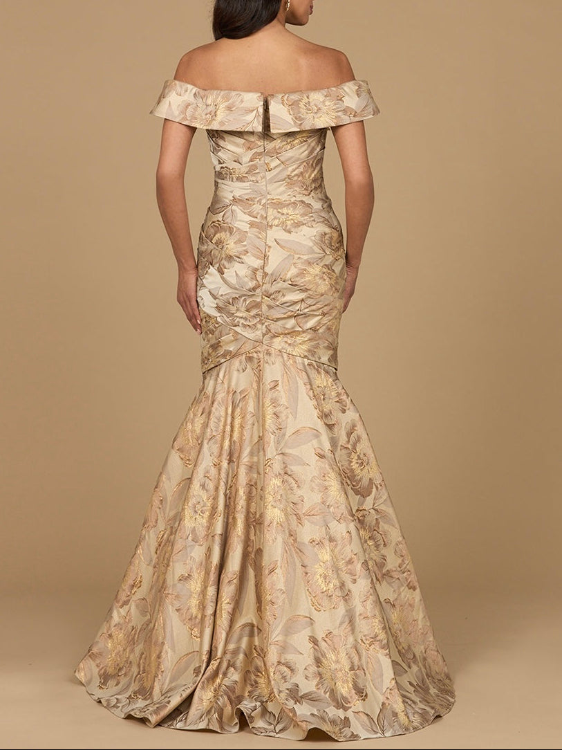 Off Shoulder Brocade Mermaid Gown - JUSTLUXURY