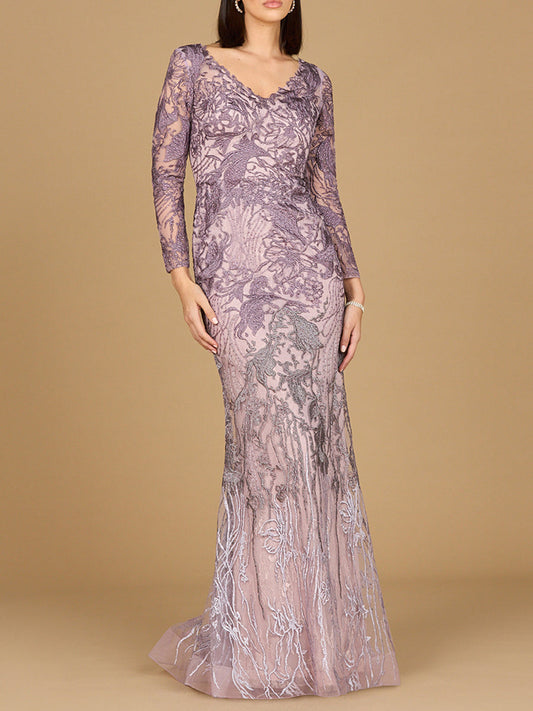 Long Sleeve V-Neck Mermaid Gown - JUSTLUXURY