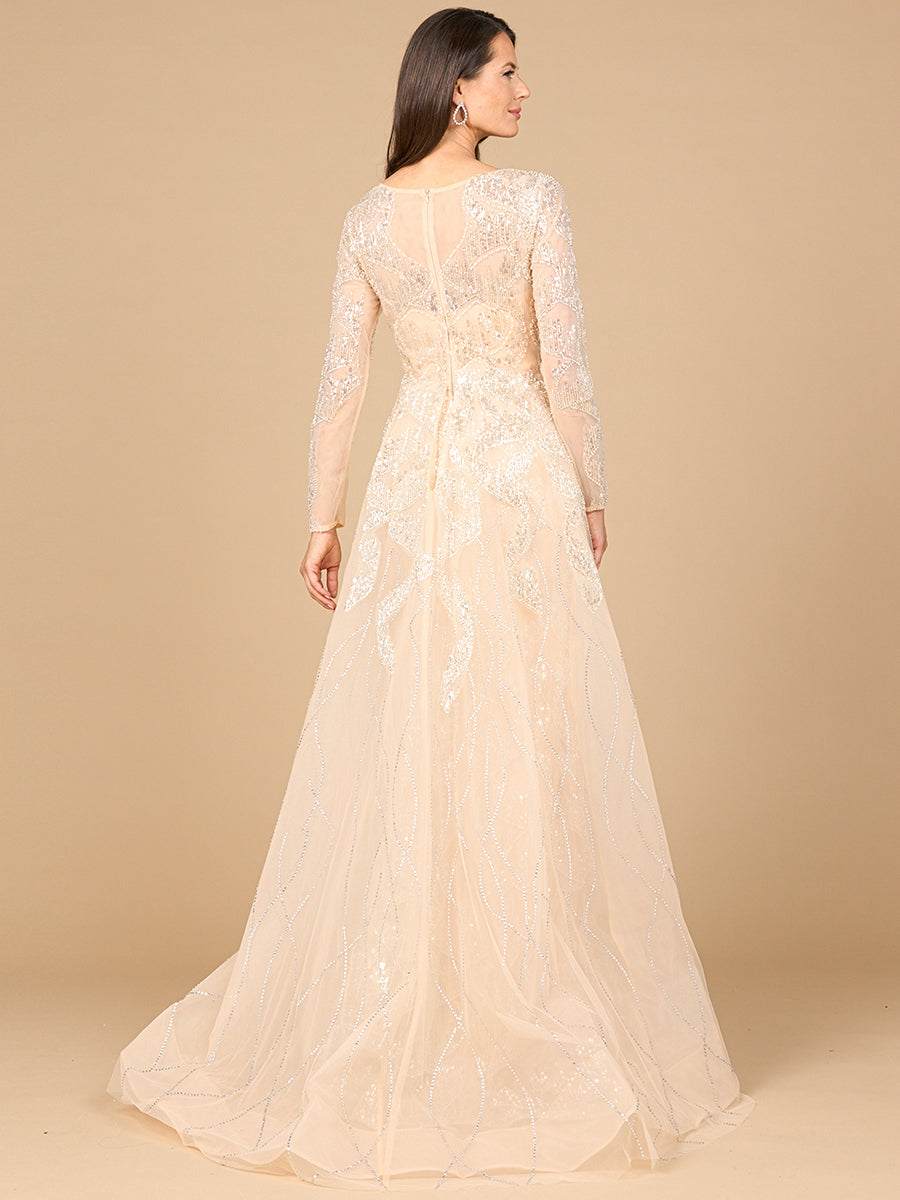 Long Sleeve Gown with Overskirt & High Neck - JUSTLUXURY