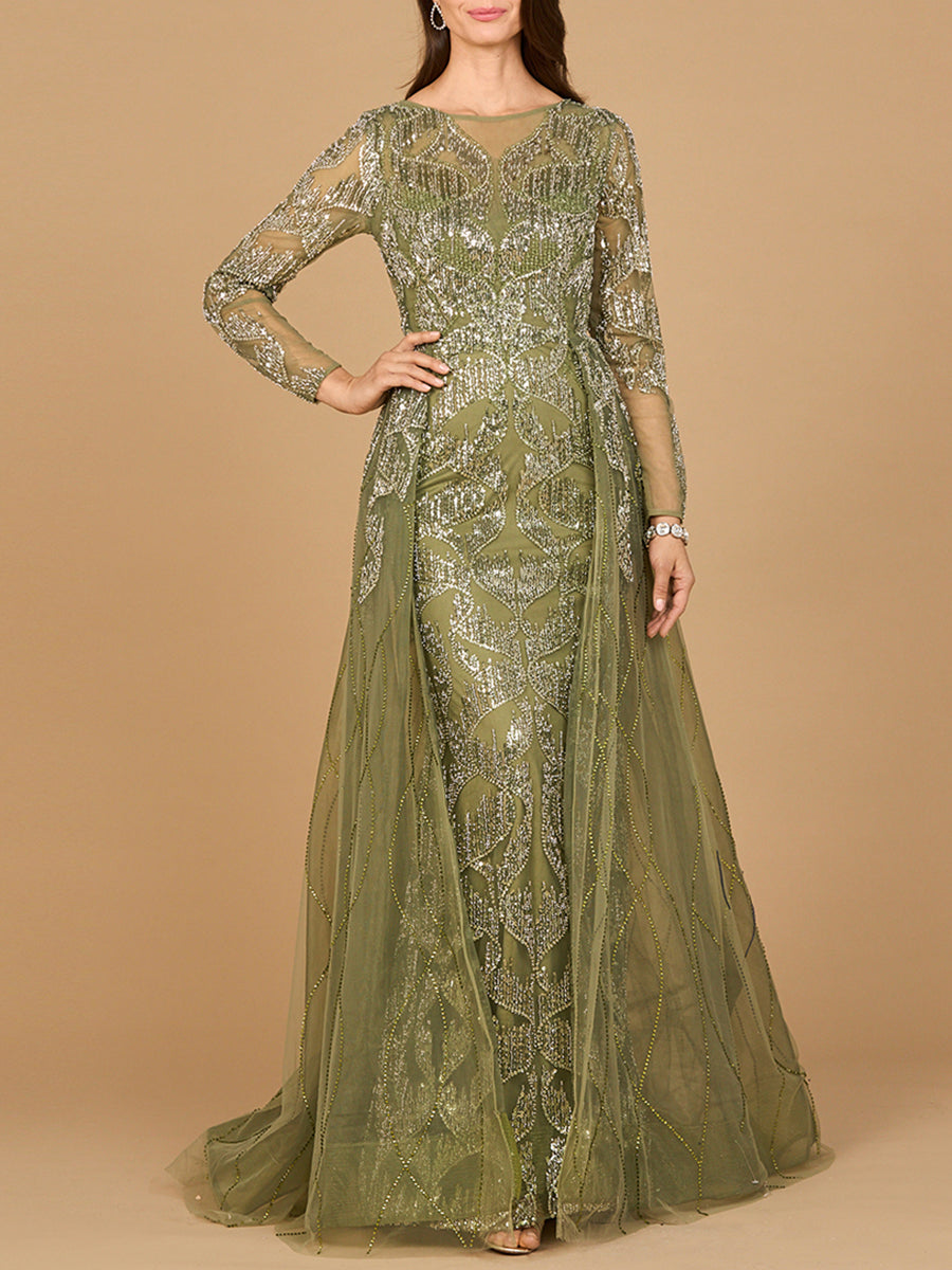 Long Sleeve Gown with Overskirt & High Neck - JUSTLUXURY