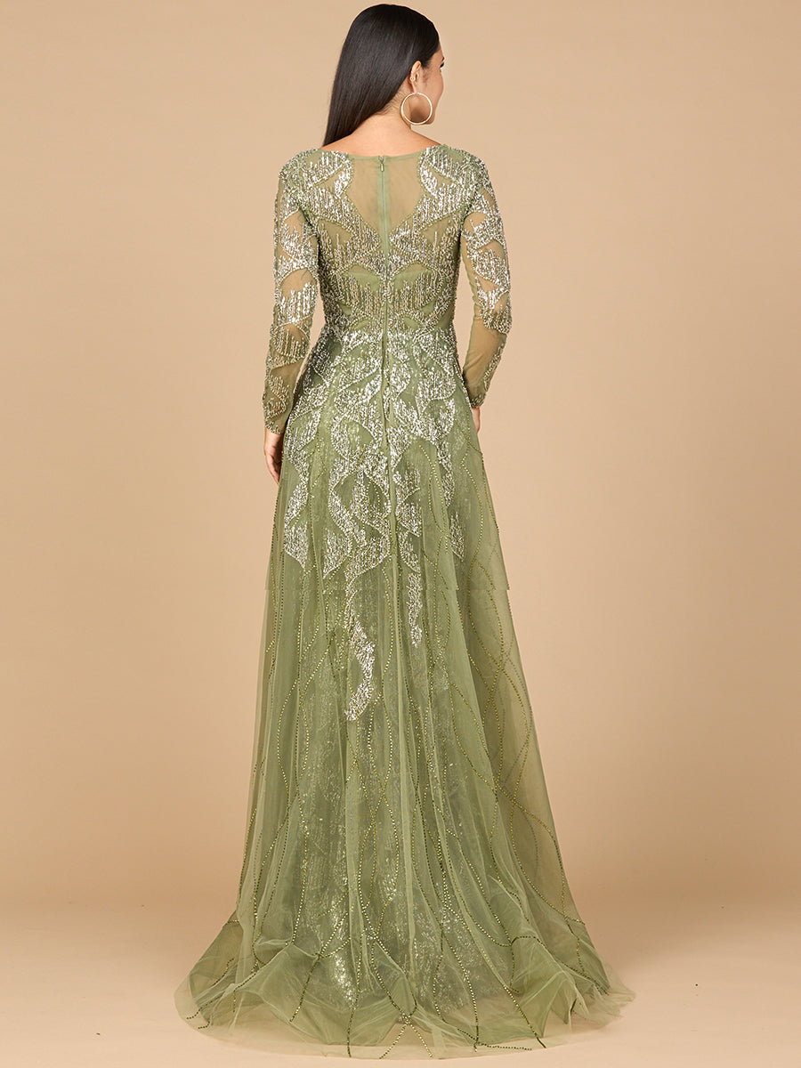 Long Sleeve Gown with Overskirt & High Neck - JUSTLUXURY