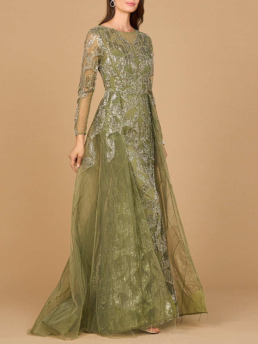 Long Sleeve Gown with Overskirt & High Neck - JUSTLUXURY