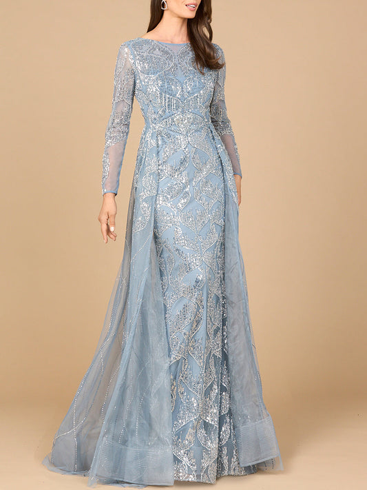 Long Sleeve Gown with Overskirt & High Neck - JUSTLUXURY