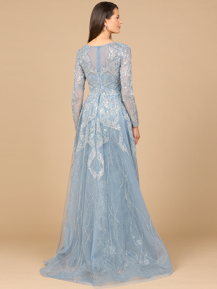 Long Sleeve Gown with Overskirt & High Neck - JUSTLUXURY