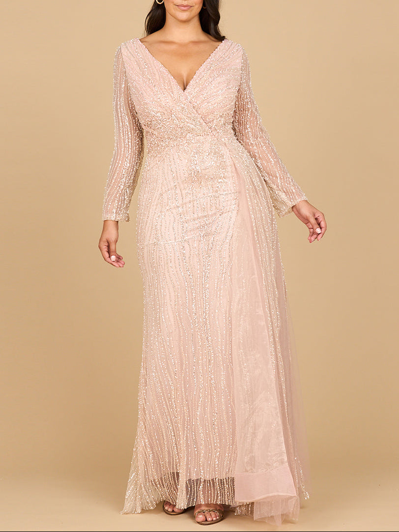 Long Sleeve V-Neck Gown with Drape - JUSTLUXURY