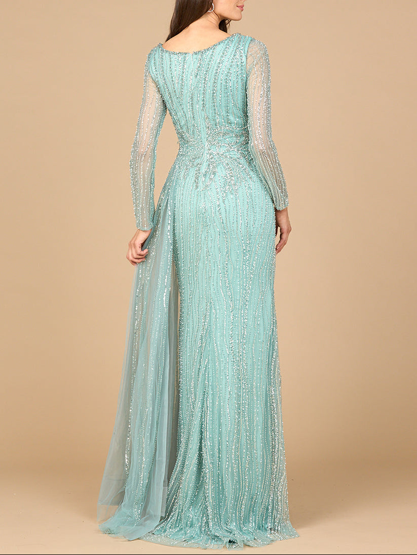 Long Sleeve V-Neck Gown with Drape - JUSTLUXURY