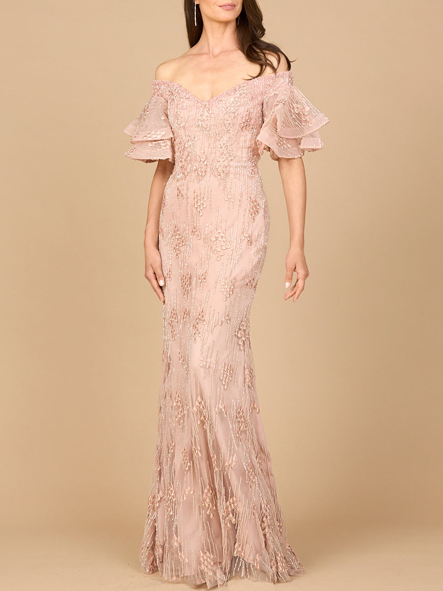Off Shoulder Mermaid Gown with Tiered Sleeves - JUSTLUXURY