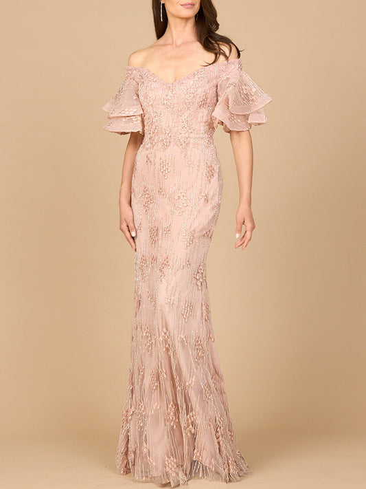 Off Shoulder Mermaid Gown with Tiered Sleeves - JUSTLUXURY