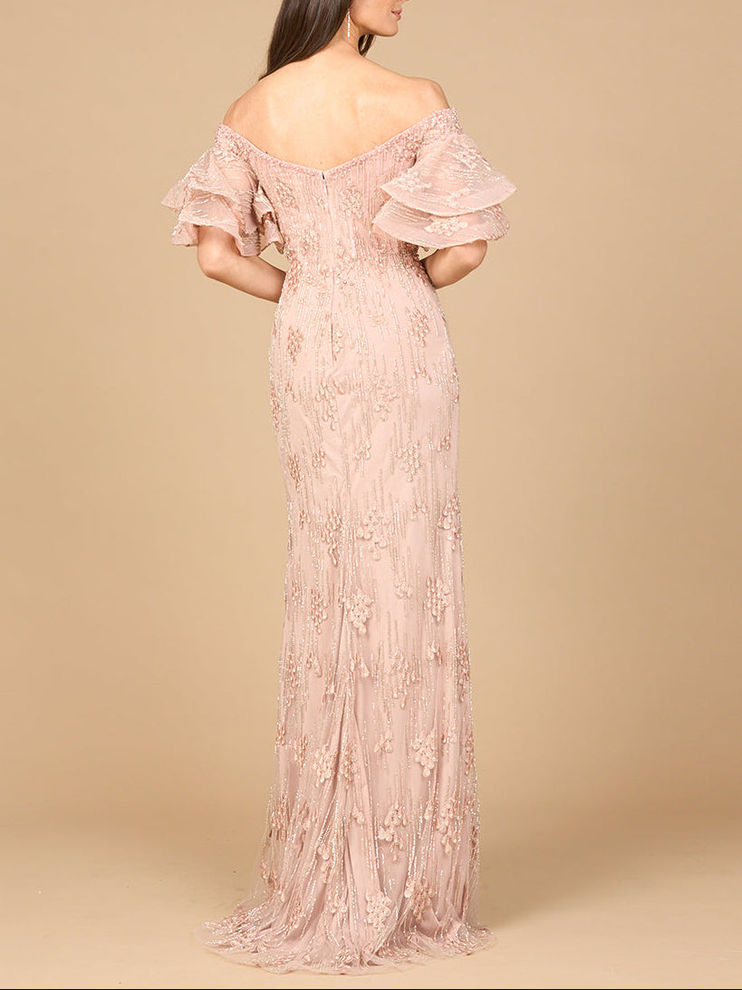 Off Shoulder Mermaid Gown with Tiered Sleeves - JUSTLUXURY